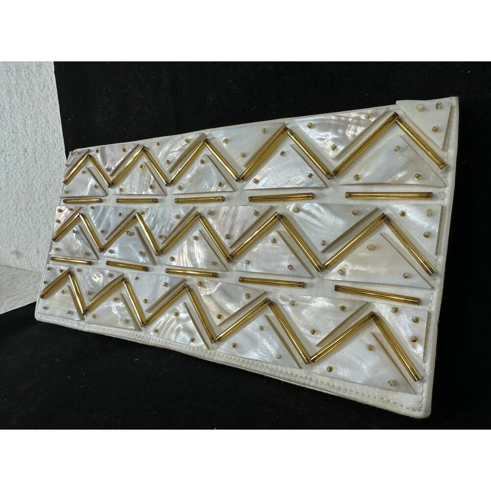 Vintage Mother of Pearl Silk & Satin Art Deco Geometric Beaded Evening Clutch